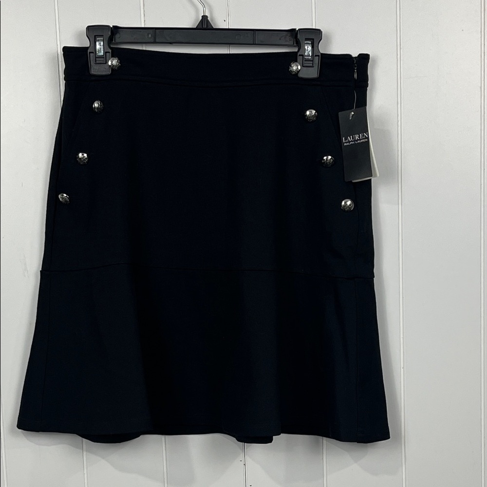 Lauren Ralph Lauren Womens Ponte Skirt L Black Side Zip Flare Button Details NWT